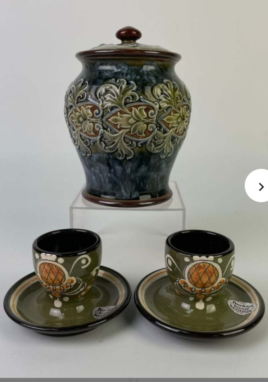 Antique Royal Doulton Lambeth Salt-Glazed Stoneware Lidded Canister & 2 Egg Cups